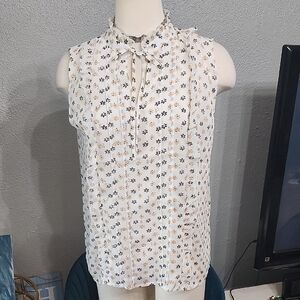 Ann Taylor Floral Tie-Neck Blouse - Ivory, Tan, Gold, and Black Nwt